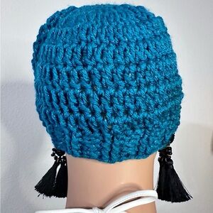Handcrafted Teal Crochet Beanie with Tassels